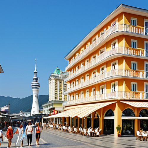 Home 11 **
A bustling tourism hub in a sunny coastal city like Sochi, Russia. Show a blend of modern hotels and infrastructure with traditional Russian architecture. Depict diverse tourists enjoying activities such as sightseeing, dining at restaurants with Cyrillic menus, and shopping for souvenirs. Capture the vibrant atmosphere of a thriving tourist economy.
**