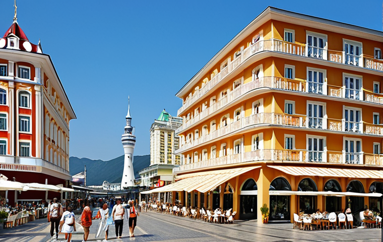 **
A bustling tourism hub in a sunny coastal city like Sochi, Russia. Show a blend of modern hotels and infrastructure with traditional Russian architecture. Depict diverse tourists enjoying activities such as sightseeing, dining at restaurants with Cyrillic menus, and shopping for souvenirs. Capture the vibrant atmosphere of a thriving tourist economy.
**