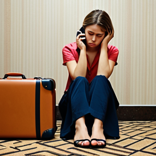 Home 6 **
A person looking stressed while on the phone with a hotel, with luggage nearby. The background should suggest a canceled trip, like a closed suitcase and a travel brochure on the floor. Emphasize feelings of disappointment and frustration.
**
