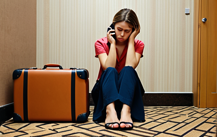 **
A person looking stressed while on the phone with a hotel, with luggage nearby. The background should suggest a canceled trip, like a closed suitcase and a travel brochure on the floor. Emphasize feelings of disappointment and frustration.
**