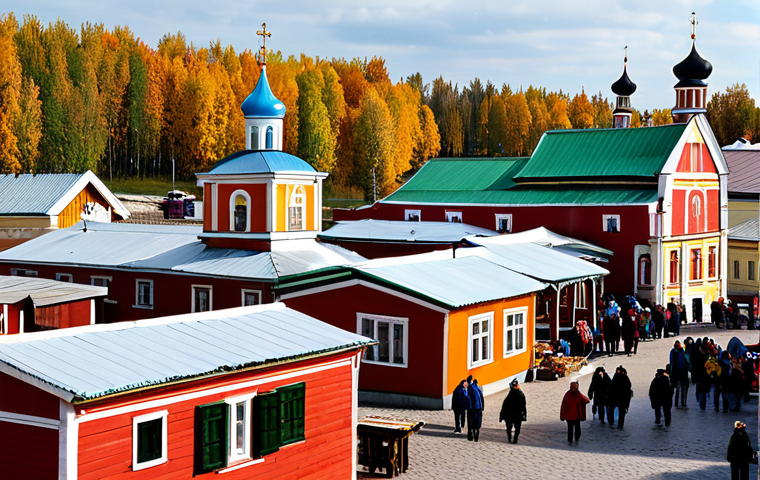 **
A bustling marketplace in a historic Russian town (e.g., Suzdal, Kostroma). Local artisans are selling traditional crafts like Matryoshka dolls, Khokhloma painted woodenware, and Orenburg shawls. Tourists are interacting with vendors, sampling local honey and pastries. In the background, colorful wooden houses and a traditional Orthodox church create a picturesque scene. Golden autumn foliage adds warmth to the image. "Promote local crafts," "support small business" are subtly displayed on banners in Russian. Focus on vibrant colors and a sense of community. Keywords: Russia, tourism, crafts, market, autumn, culture, tradition, safe for work, appropriate content, fully clothed, professional.
**