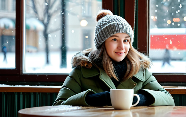 관광학 연구 사례 분석 - Cozy Moscow Cafe**
A young woman in a stylish, warm winter coat and a knitted hat, sits at a table ...