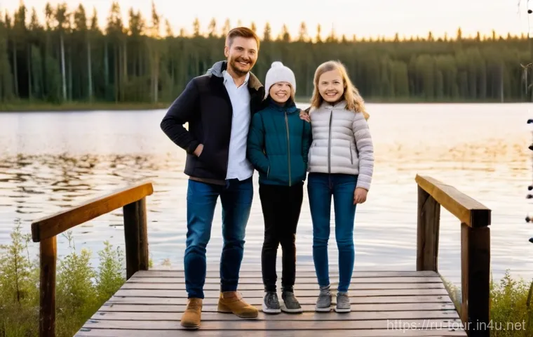 국내 관광 정책 - A cheerful Russian family, consisting of a mother, father, and their two children (approximately 8 a...