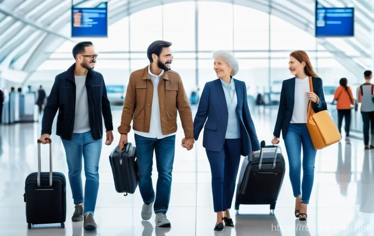 국제 관광 안전 협정 - A diverse group of cheerful, well-dressed tourists, including families and individuals of various ag...