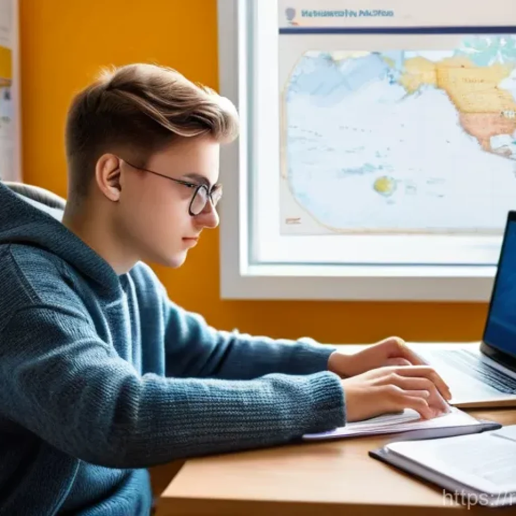국제 관광 정책 - A focused young Russian traveler (18-25 years old) sitting at a desk, surrounded by a laptop display...