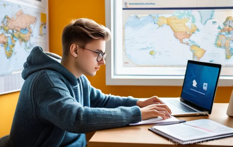 국제 관광 정책 - A focused young Russian traveler (18-25 years old) sitting at a desk, surrounded by a laptop display...