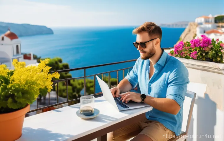 국제 관광 정책 - A focused young Russian traveler (18-25 years old) sitting at a desk, surrounded by a laptop display...