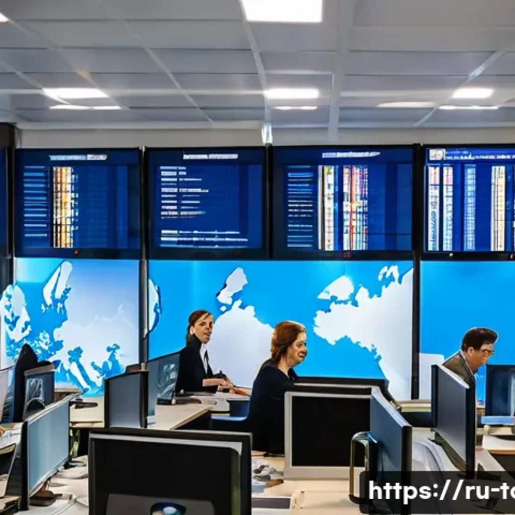 관광산업의 리스크 분석 - A busy travel agency office in Moscow during a political crisis, with staff wearing business casual ...