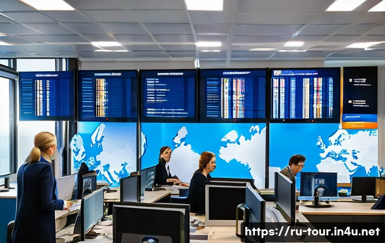 관광산업의 리스크 분석 - A busy travel agency office in Moscow during a political crisis, with staff wearing business casual ...