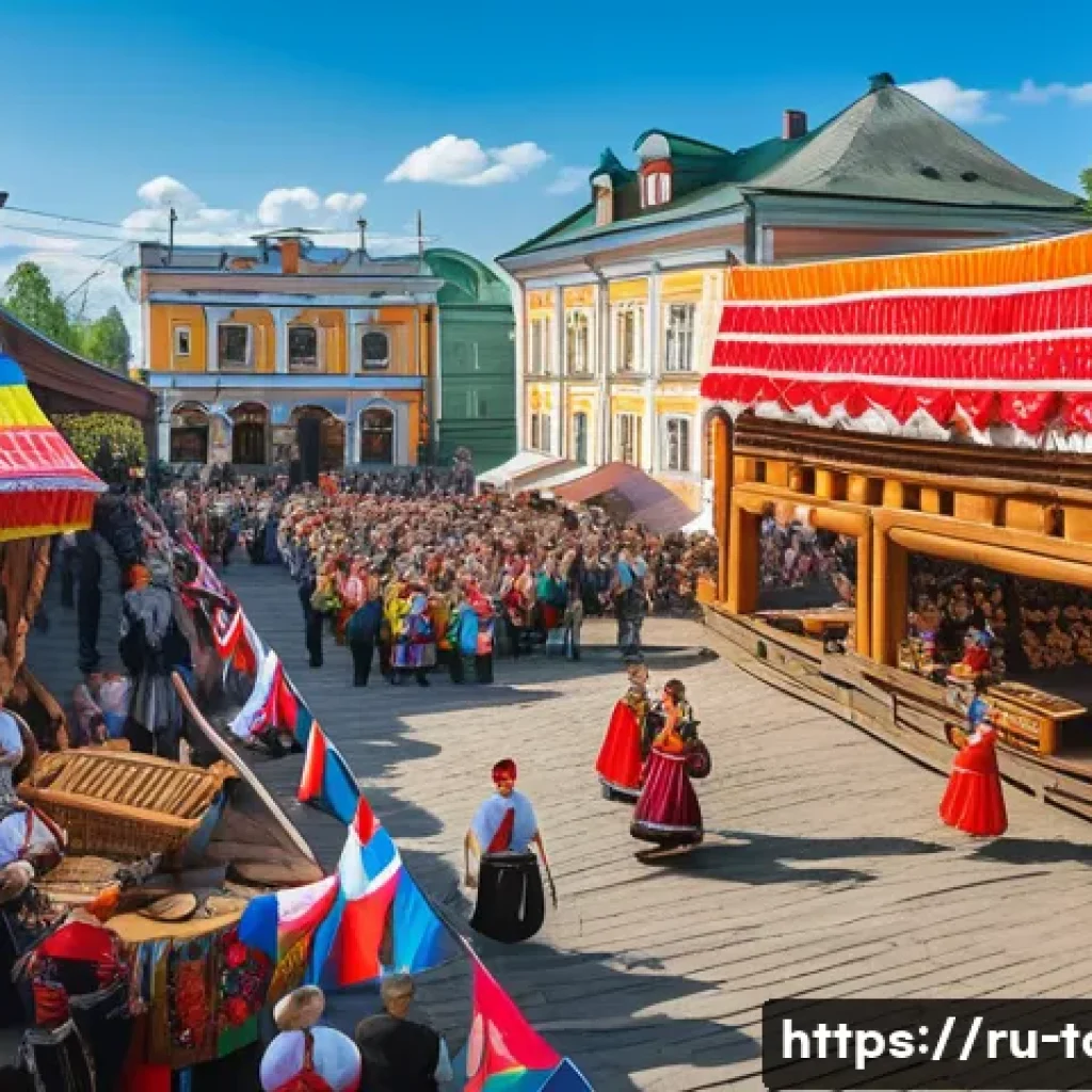 지역 관광 마케팅 - A vibrant traditional Russian festival scene set in a historic village square, featuring people dres...