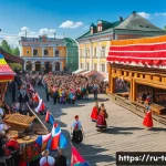 Home 23 지역 관광 마케팅 - A vibrant traditional Russian festival scene set in a historic village square, featuring people dres...
