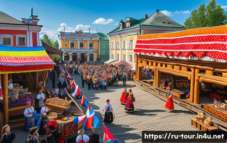 지역 관광 마케팅 - A vibrant traditional Russian festival scene set in a historic village square, featuring people dres...