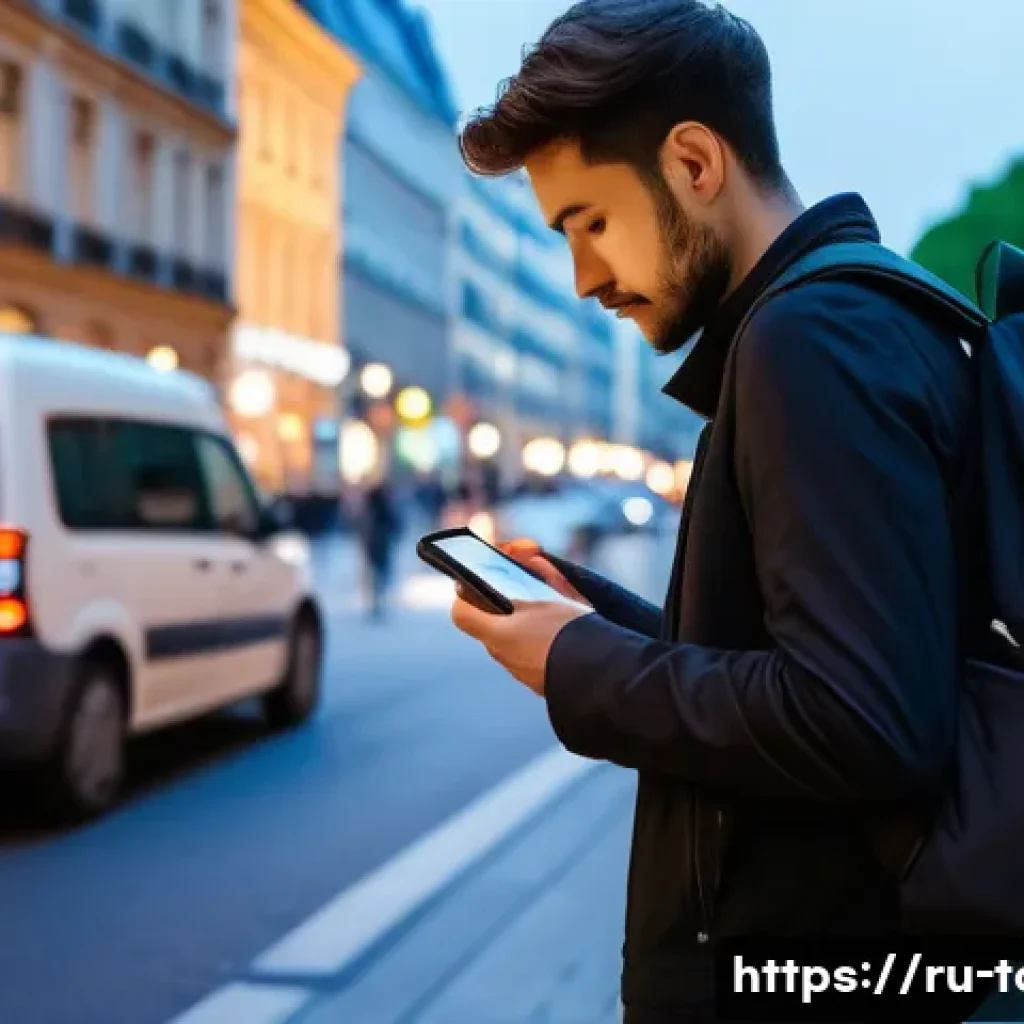 관광객 안전 관리 - A detailed scene of a traveler in a busy European city street at dusk, holding a secure backpack wit...