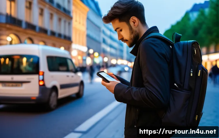관광객 안전 관리 - A detailed scene of a traveler in a busy European city street at dusk, holding a secure backpack wit...