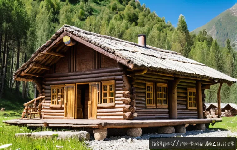 에코 관광 - A serene eco-tourism scene in the Altai Mountains, featuring a small local guesthouse built with nat...