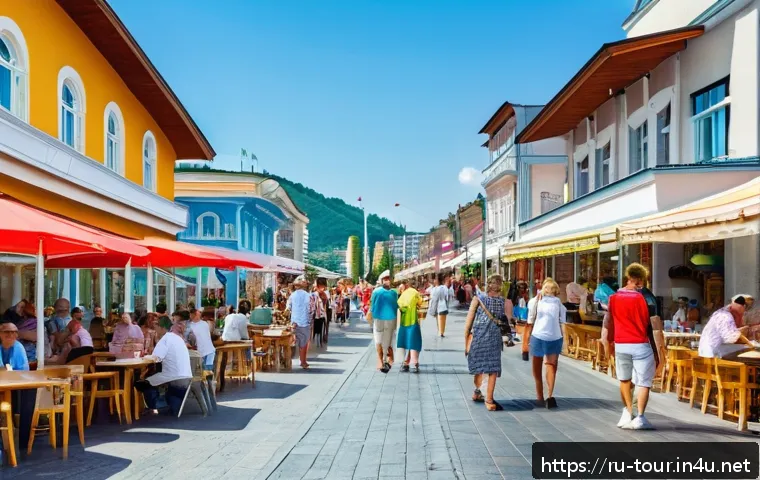 관광학과 사회학의 관계 - A vibrant and bustling street scene in Sochi, Russia, during summer tourist season. The image shows ...