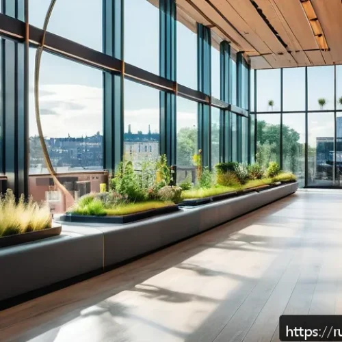 관광 혁신 사례 - A futuristic eco-hotel lobby in a Scandinavian city during daytime, featuring smart energy managemen...