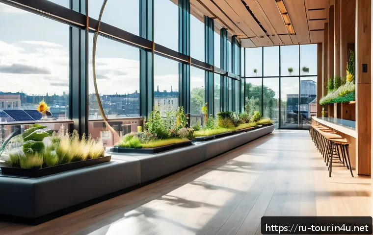 관광 혁신 사례 - A futuristic eco-hotel lobby in a Scandinavian city during daytime, featuring smart energy managemen...