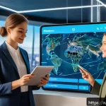 인공지능 기반의 관광 경영 - A modern travel agency office scene in Moscow, featuring a diverse group of travelers interacting wi...