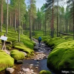 지속 가능한 관광 개발 모델 - A serene eco-tourism scene in Karelia, Russia, featuring a small group of tourists hiking along a na...