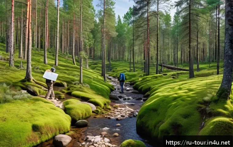 지속 가능한 관광 개발 모델 - A serene eco-tourism scene in Karelia, Russia, featuring a small group of tourists hiking along a na...