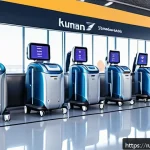 글로벌 관광의 미래 - A modern airport scene featuring humanoid service robots assisting diverse travelers with luggage an...