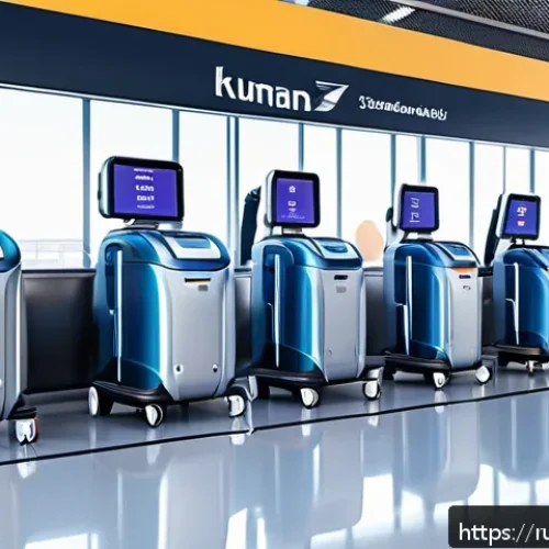 글로벌 관광의 미래 - A modern airport scene featuring humanoid service robots assisting diverse travelers with luggage an...
