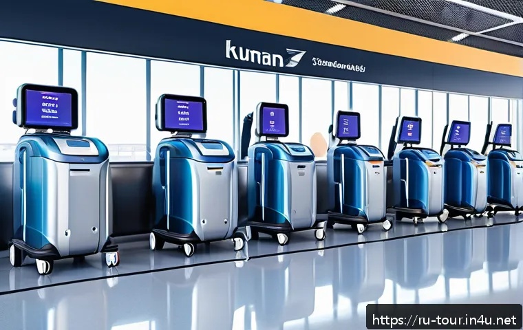 글로벌 관광의 미래 - A modern airport scene featuring humanoid service robots assisting diverse travelers with luggage an...