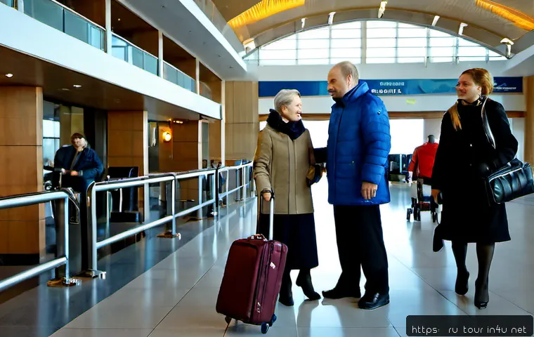 Home 17 관광산업 내 주요 분야 - Photorealistic wide-angle scene of a major Russian tourism hub: modern airport arrivals area connect...