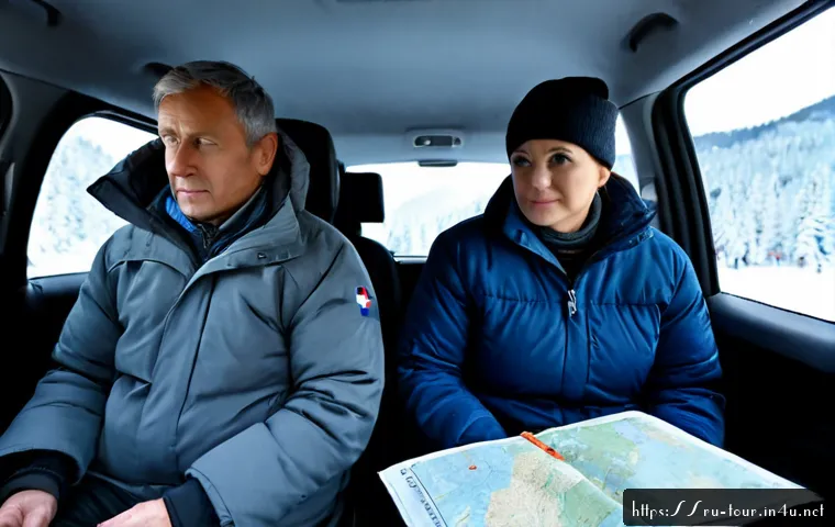 관광 재해 및 대처 방안 - Photorealistic winter travel emergency scene in a Russian mountain resort, a middle-aged couple in w...