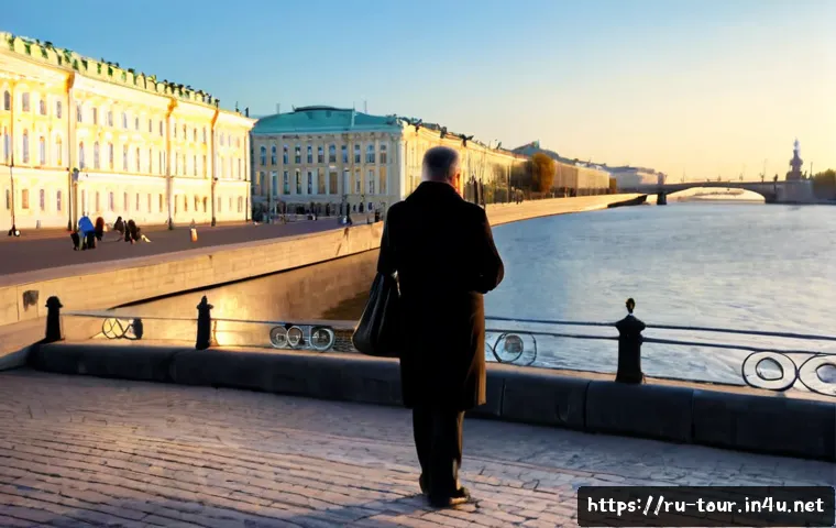 스마트 관광 기술 - Photorealistic smart tourism scene in Saint Petersburg, Russia: a middle-aged couple using a sleek s...
