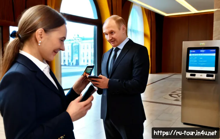 Home 17 디지털 혁신과 관광 - Photorealistic travel innovation scene in a modern Russian hotel lobby, a middle-aged couple using a...