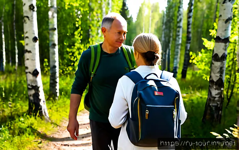 Home 17 친환경 관광 - Photorealistic eco-friendly tourism scene in a Russian national park, a middle-aged couple with reus...